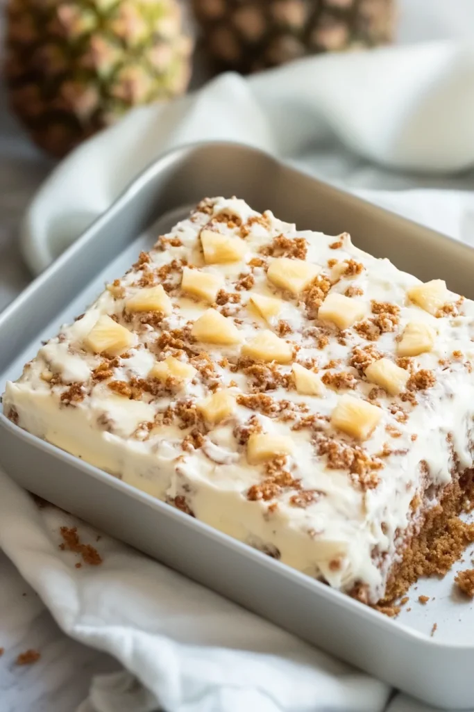 Freshly baked cake portion in a pan, paired with a whole pineapple in the background.