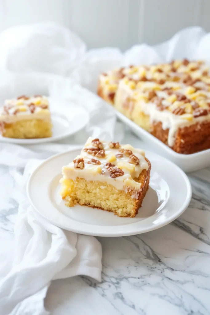 Plated slice of cake with pineapple garnish, styled simply on a white dish.