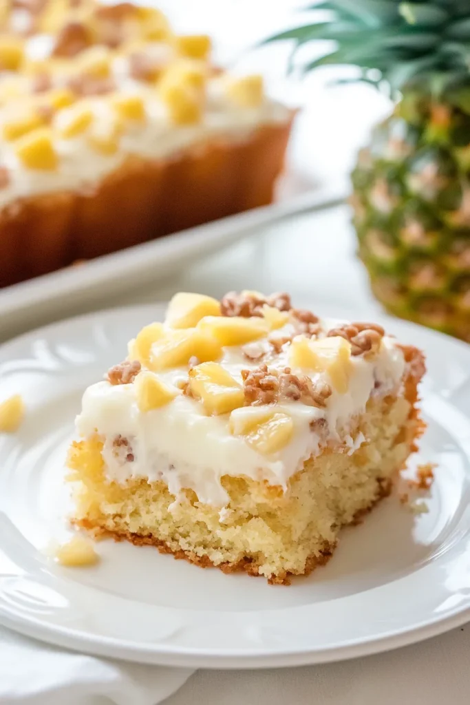 Slice of light yellow sponge cake topped with creamy frosting, pineapple chunks, and nuts.