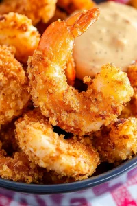 Golden-brown shrimp with herbs and citrus garnish, ready to enjoy.