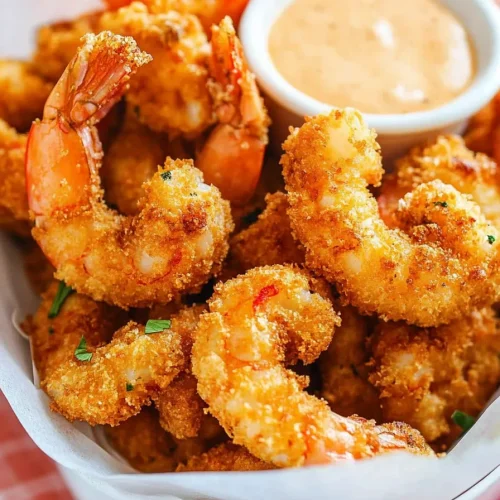 Plated shrimp with crunchy breading, dipping sauce blurred in the background.