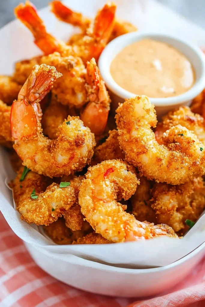 Plated shrimp with crunchy breading, dipping sauce blurred in the background.