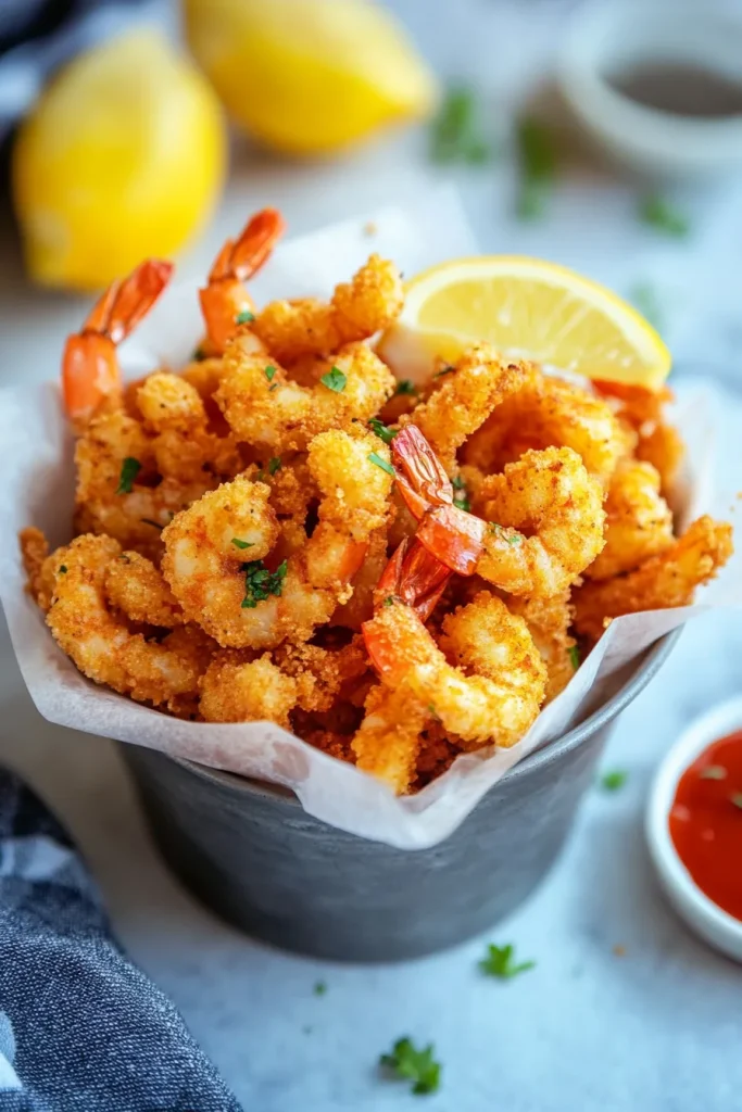 Crispy golden shrimp served in a small metal container with parchment lining.