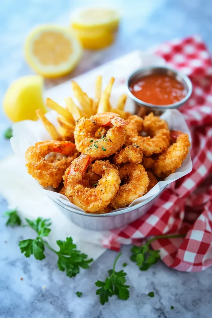 Freshly fried shrimp piled in a basket, vibrant color and texture highlighted.