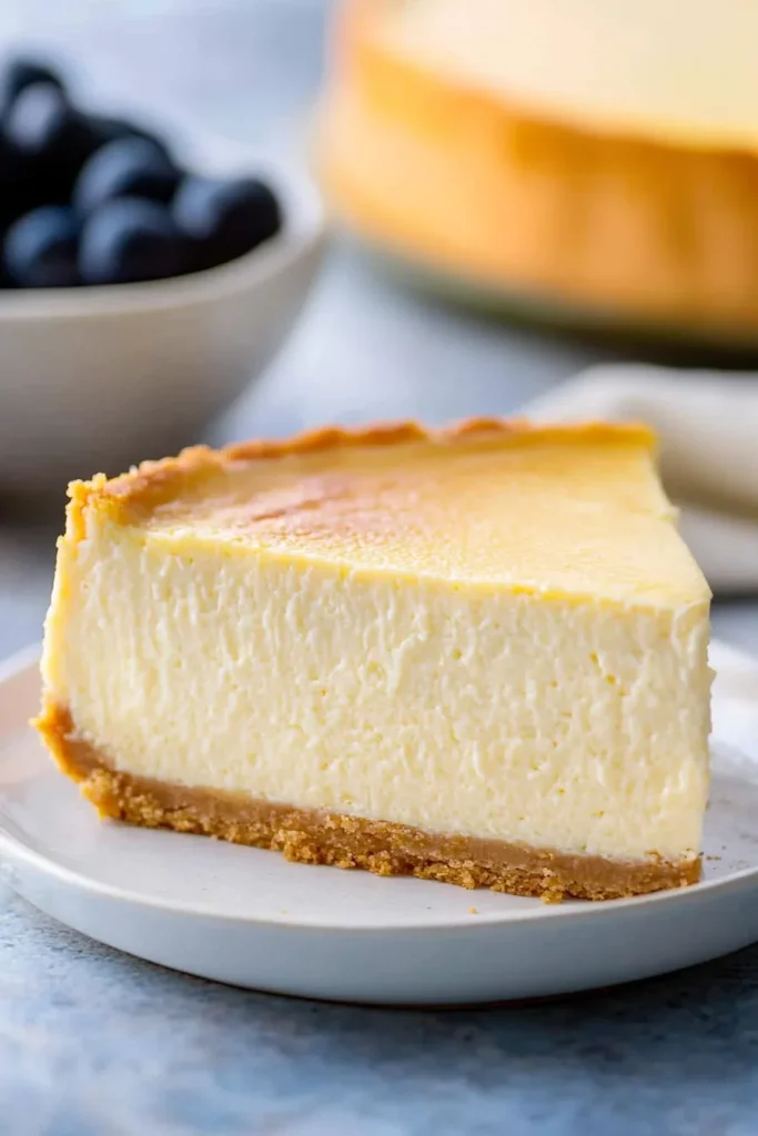 Close-up of cheesecake highlighting its thick, rich texture on a white plate.