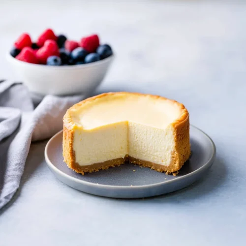 Fresh cheesecake presented alongside a bowl of blueberries in the background.