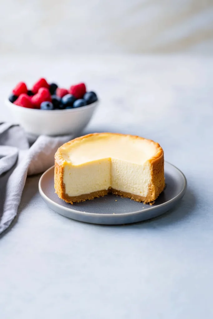 Fresh cheesecake presented alongside a bowl of blueberries in the background.