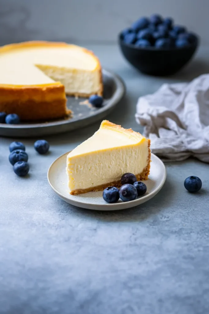Cheesecake slice served with crumbly crust and glossy top layer.