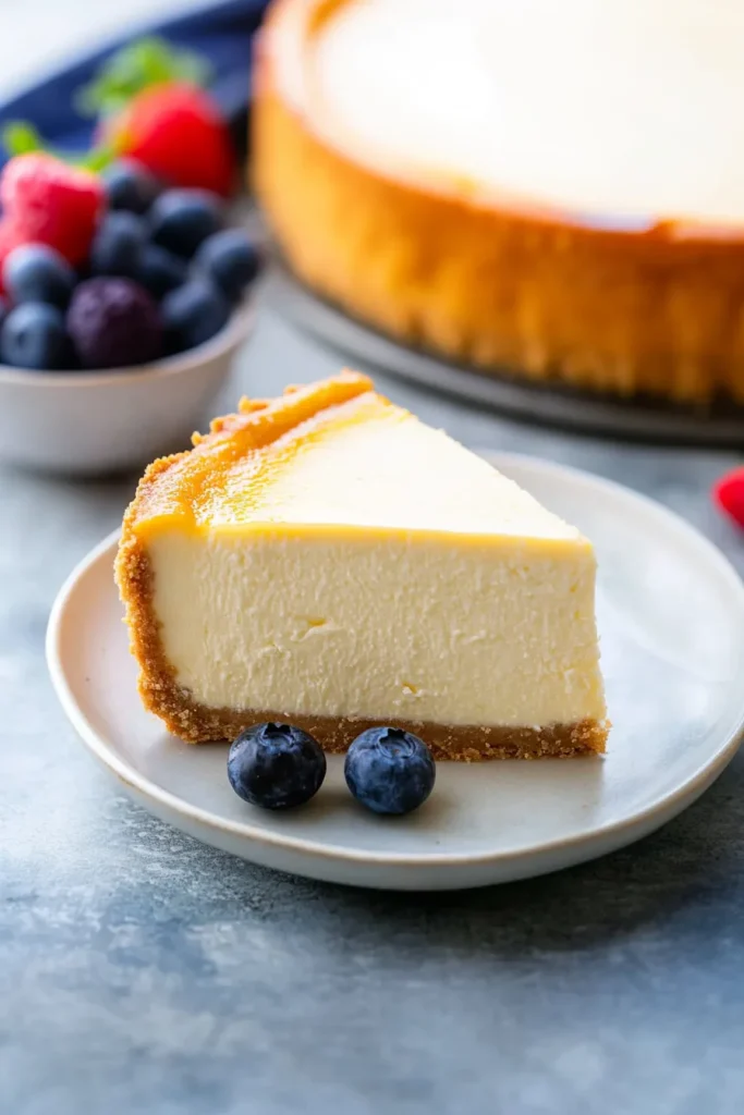 Slice of creamy cheesecake with a smooth filling and golden crust.