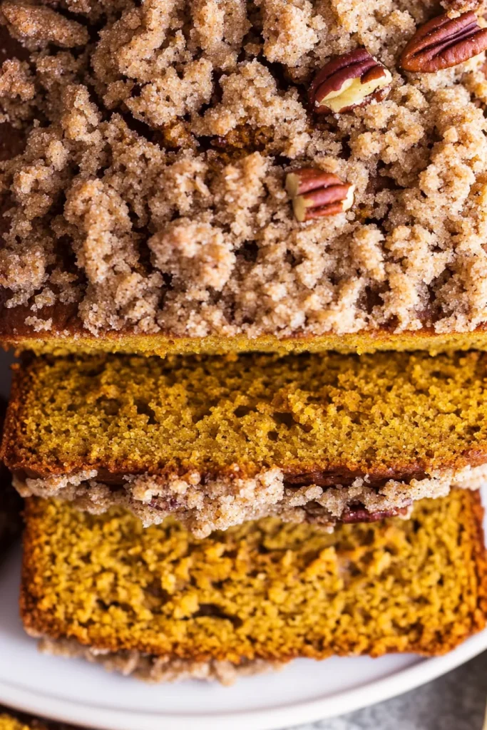 Pumpkin bread loaf highlighting the contrast between soft interior and crisp pecan topping.