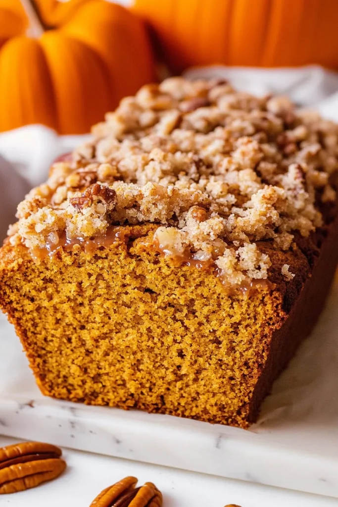 Freshly baked bread with golden streusel topping, presented alongside small seasonal pumpkins.