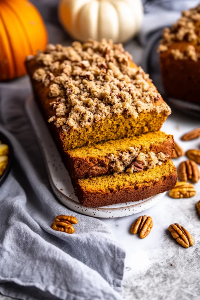 Loaf of pumpkin bread topped with a crunchy pecan streusel, styled with autumn accents.