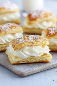 Golden pastries stacked on a wooden board, showing crisp layers and creamy filling.