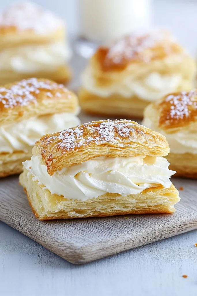 Golden pastries stacked on a wooden board, showing crisp layers and creamy filling.