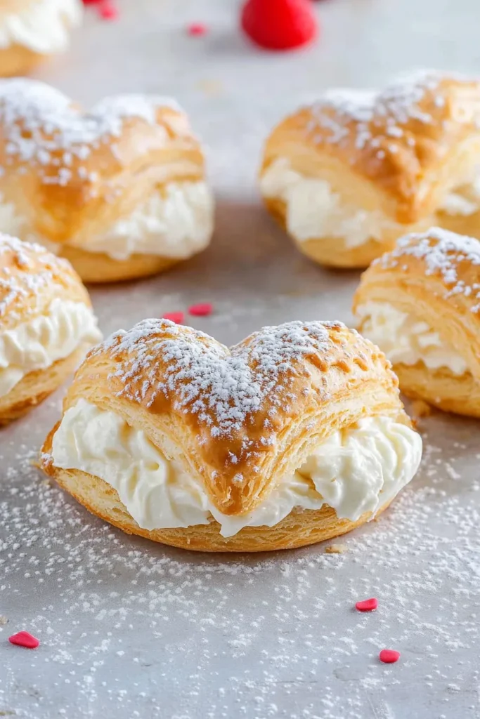 Flaky puff pastry horns filled with cream, lightly dusted with powdered sugar.