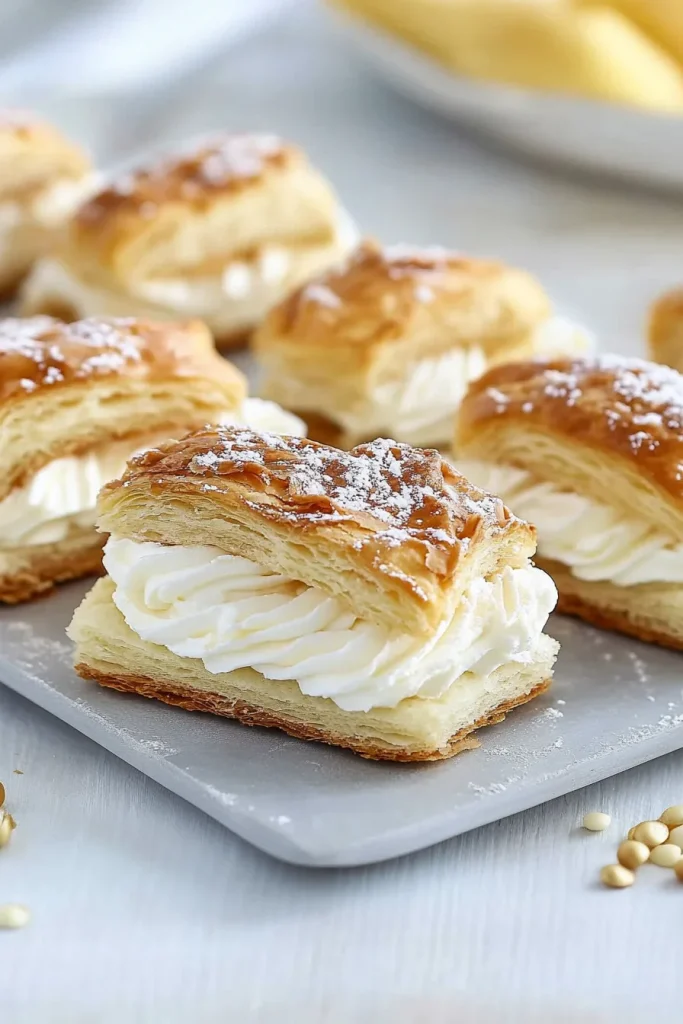 Pastry horns arranged neatly, highlighting the contrast of flaky crust and smooth cream.