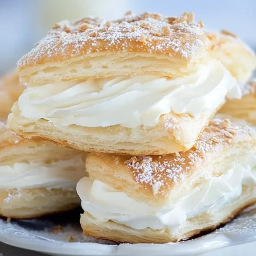 Final plated cream horns with powdered sugar topping, ready to serve as dessert.