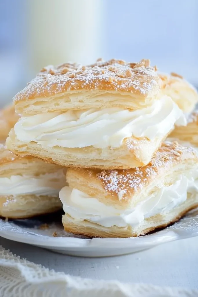 Final plated cream horns with powdered sugar topping, ready to serve as dessert.