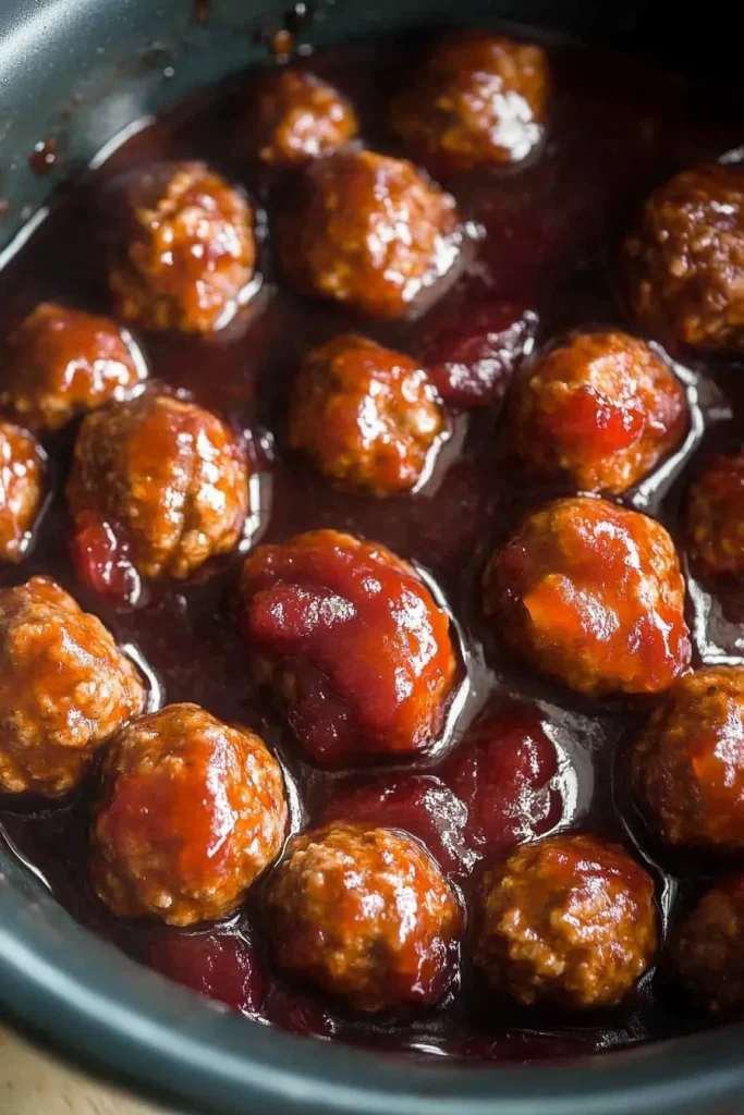 Overhead view of saucy meatballs arranged neatly in a bowl, ready to serve.