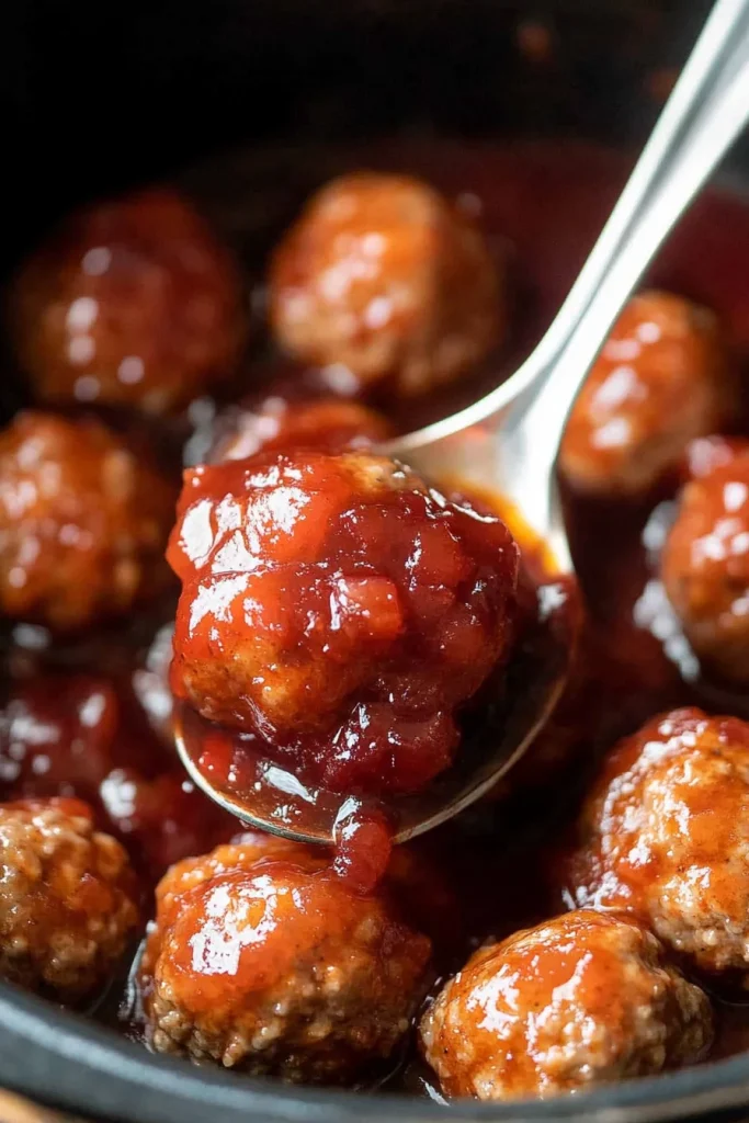 Close-up of tender meatballs covered in thick, shiny sauce, highlighting their texture.