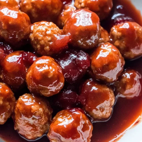 Warm presentation of meatballs coated in sweet and tangy cranberry sauce.