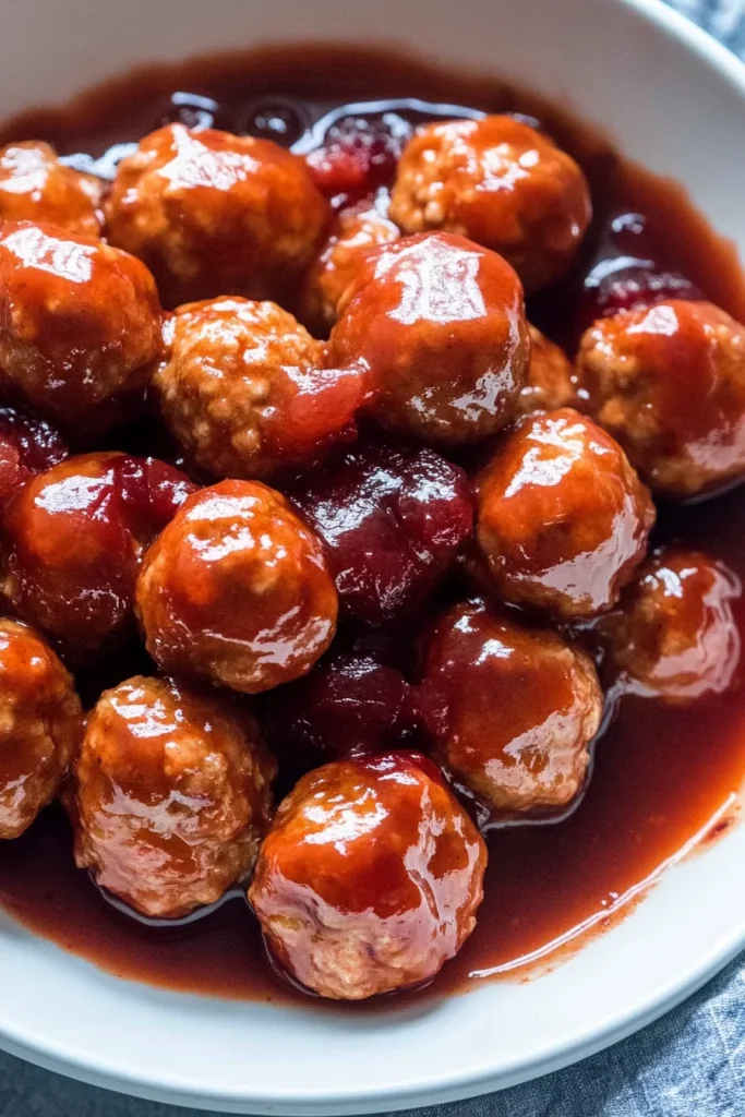 Warm presentation of meatballs coated in sweet and tangy cranberry sauce.