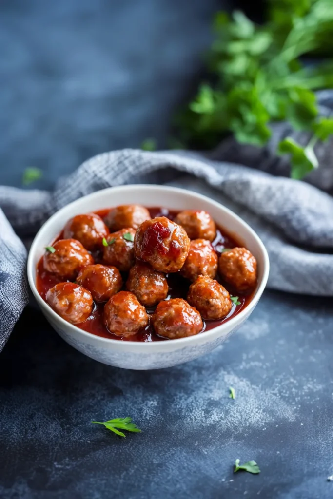 White serving bowl filled with glossy meatballs coated in a rich cranberry glaze.