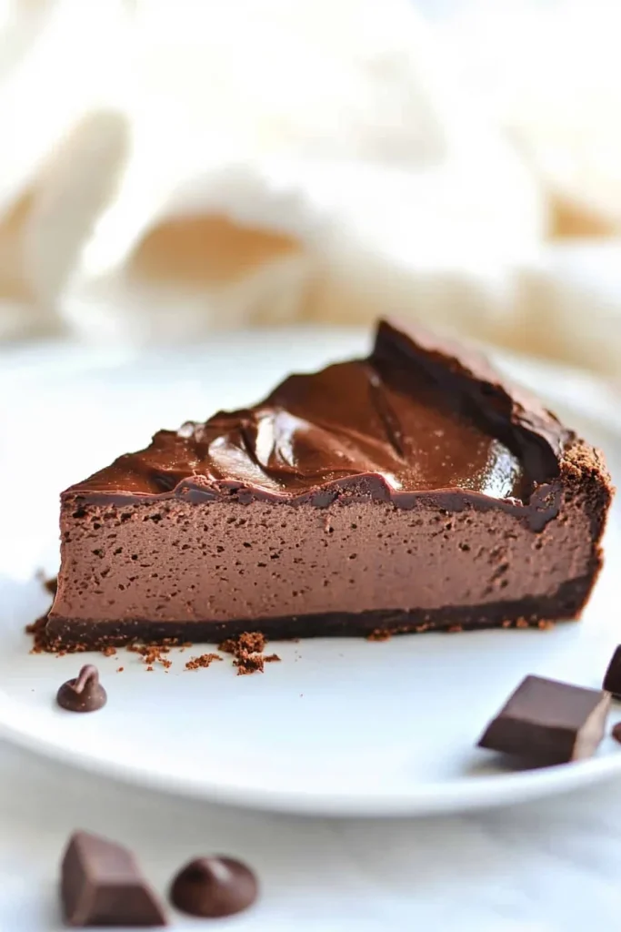 Velvety cheesecake slice highlighting smooth texture and shine.