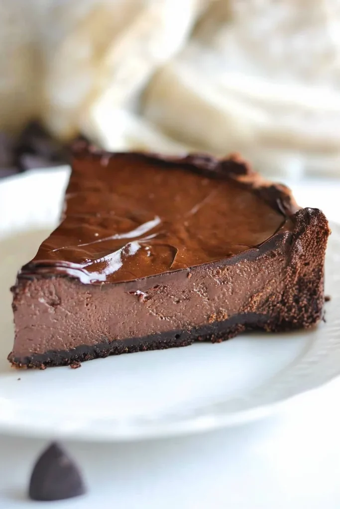 Slice of dense chocolate cheesecake with glossy ganache topping.