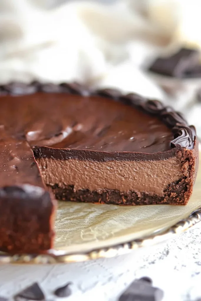 Rich chocolate Basque cheesecake slice showcasing its layered indulgence.