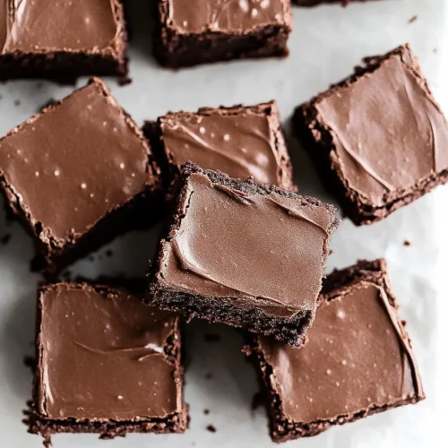 Grid of evenly cut brownies highlighting their glossy topping.