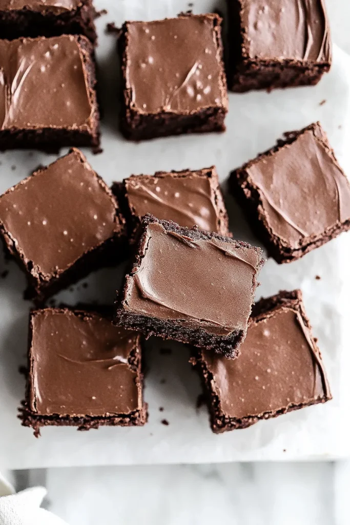 Grid of evenly cut brownies highlighting their glossy topping.