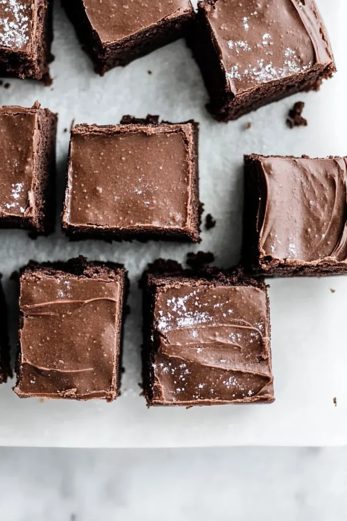 Dark chocolate dessert squares arranged neatly on parchment paper.