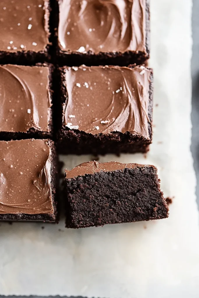Final presentation of frosted brownies showing texture and shine.