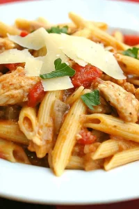 Close-up of pasta topped with Parmesan shavings and roasted vegetables.