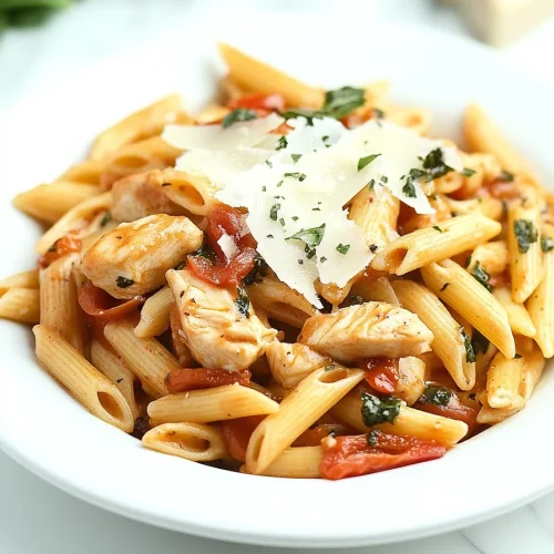 Plate of penne pasta coated in tomato sauce with chicken pieces and fresh parsley garnish.