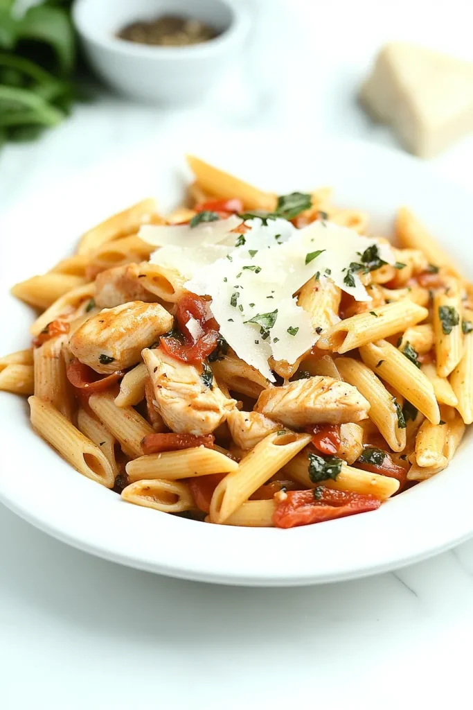 Plate of penne pasta coated in tomato sauce with chicken pieces and fresh parsley garnish.