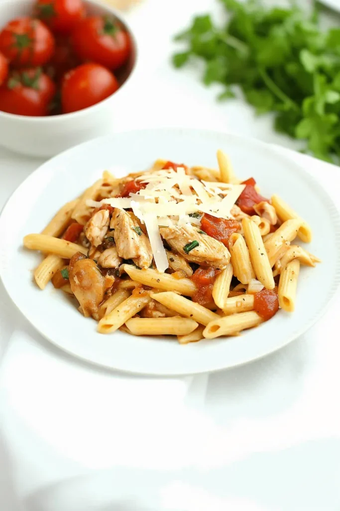 Savory pasta served with tomato-based sauce, parsley leaves, and melted Parmesan.