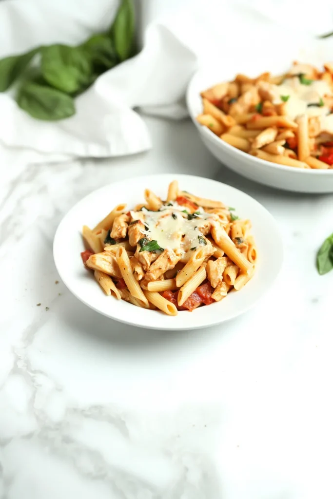 Overhead view of penne pasta with golden cheese slices and green herbs.