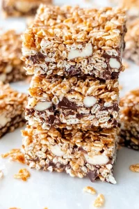 Rectangular rice krispies treats with glossy chocolate coating, scattered oat flakes around.