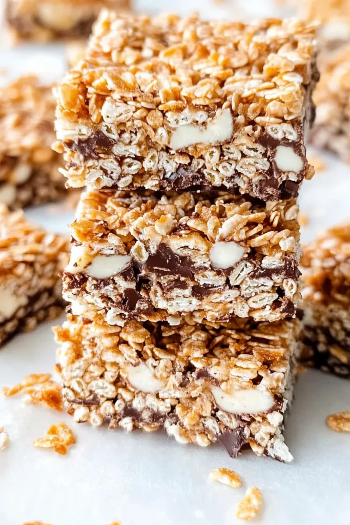 Rectangular rice krispies treats with glossy chocolate coating, scattered oat flakes around.
