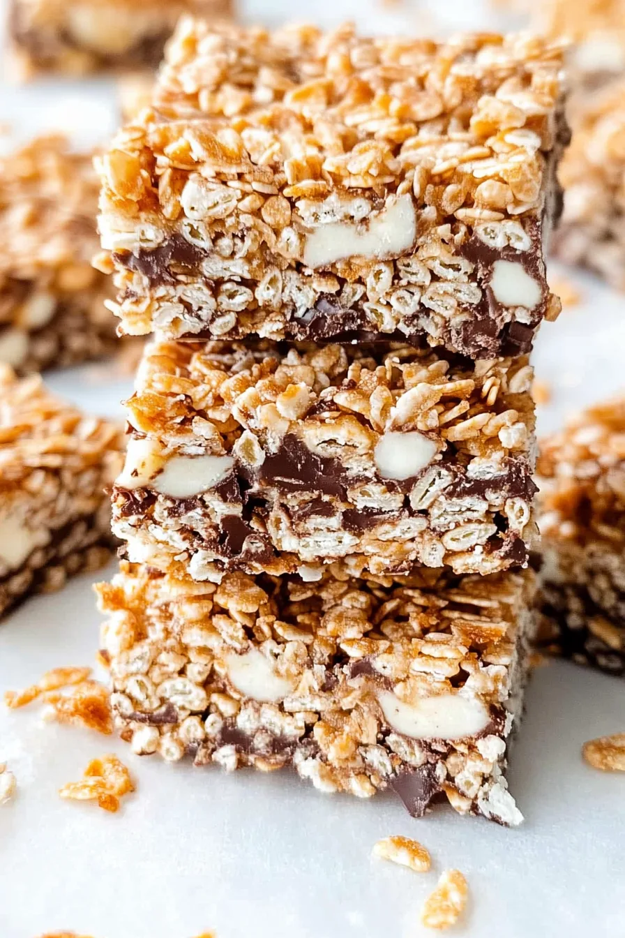 Rectangular rice krispies treats with glossy chocolate coating, scattered oat flakes around.