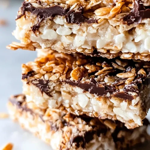 Close-up of chewy rice krispies bars drizzled with chocolate and sprinkled with coconut.