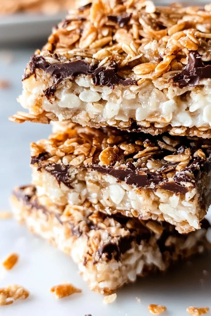 Close-up of chewy rice krispies bars drizzled with chocolate and sprinkled with coconut.