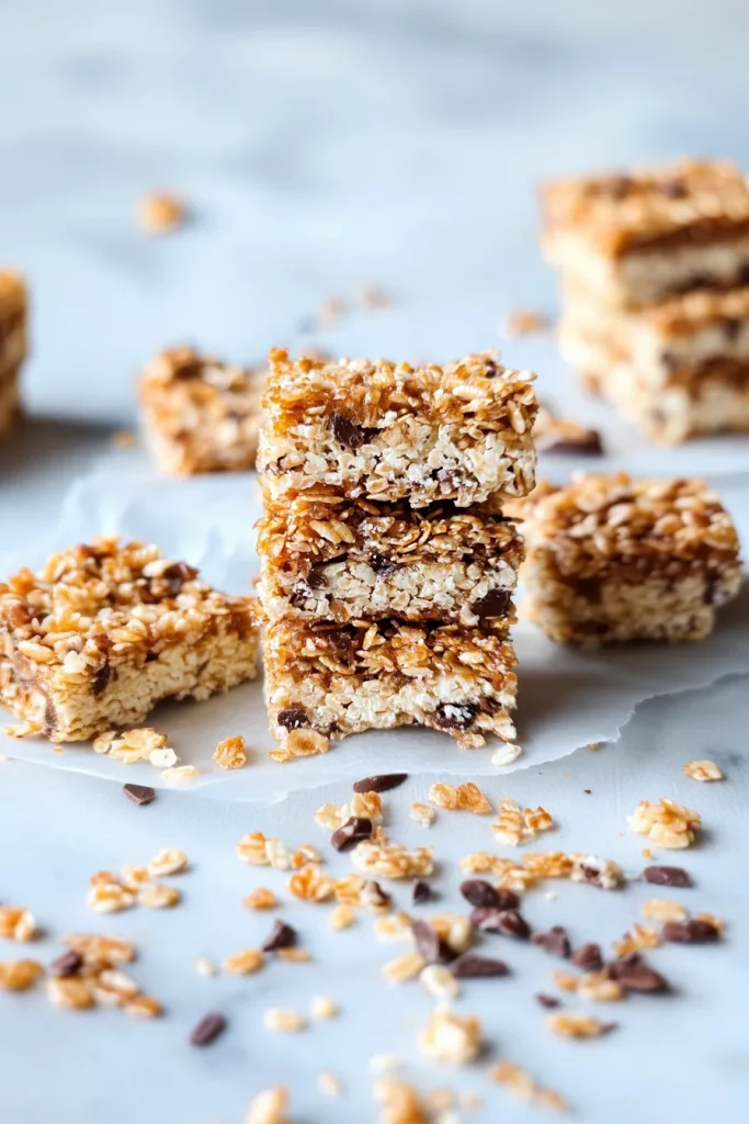 Golden rice krispies bars topped with melted chocolate and toasted coconut shreds.