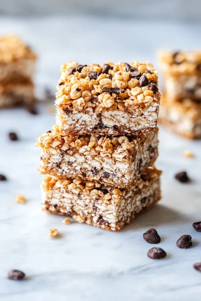 Stacked granola bars with layers of oats, puffed rice, and glossy chocolate topping.