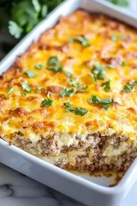 Freshly baked breakfast casserole showing gooey interior layers.