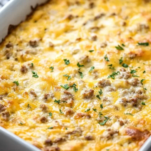 White dish filled with cheesy casserole topped with browned crust.