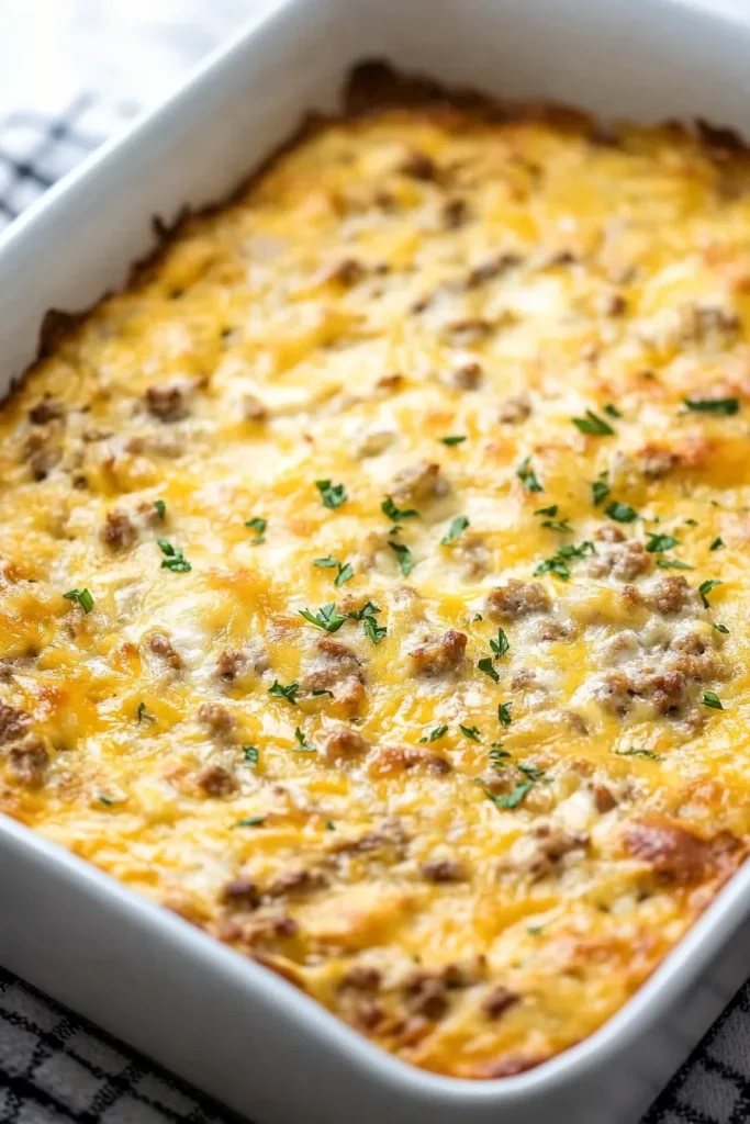 White dish filled with cheesy casserole topped with browned crust.