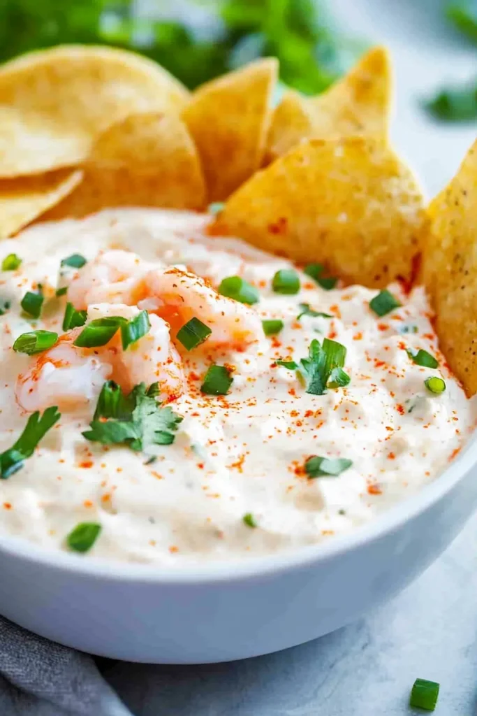 Golden chips arranged around a bowl of creamy dip garnished with fresh cilantro and shrimp.